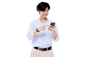 Attractive young smart Asian man using mobile smart phone isolated on transparent background. PNG file format.