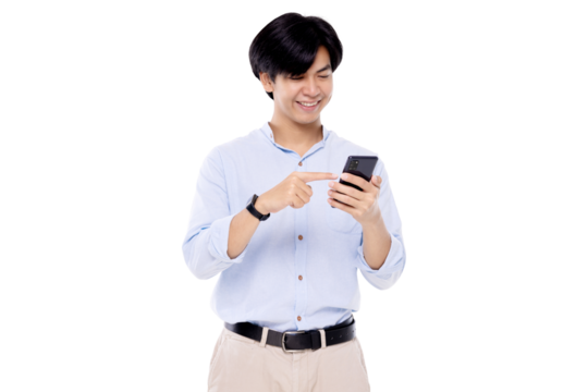 Attractive young smart Asian man using mobile smart phone isolated on transparent background. PNG file format.