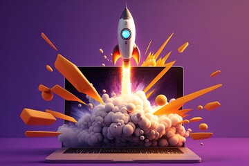 Laptop and rocket illustration, purple background. Generative AI