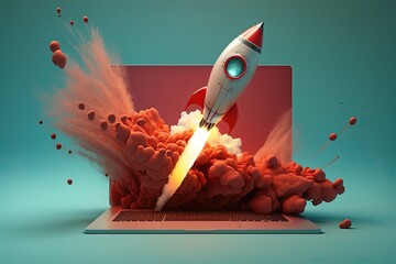 Laptop and rocket illustration, background. Generative AI