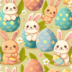 Easter seamless pattern with easter bunnies and easter eggs