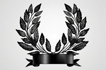 Black laurel wreath illustration, white background. Generative AI