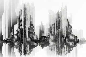 Double exposure of opulent, contemporary skyscrapers and the city, monochromatic. Generative AI