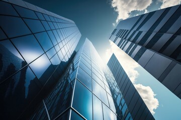 Obraz na płótnie Canvas Modern glass towers, seen from below, against a brilliant blue sky. Generative AI