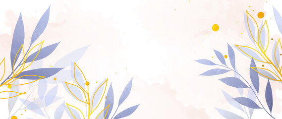 Botanical abstract art vector. Luxury wallpaper in minimalist style with golden lines, botanical leaves, lavender watercolor. Vector background for banner, poster, web and packaging.