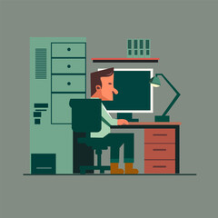 Worker man front of computer flat illustration