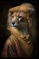 An anthropomorphic cheetah in a renaissance painted style. 