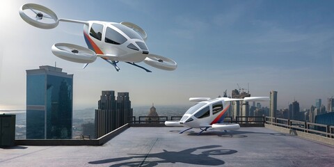 A generic eVTOL aircraft in mid air about to land or take off next to a parked eVTOL on the roof of a skyscraper with other high rise buildings visible in the background.
