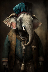 An anthropomorphic elephant in a renaissance painted style. 