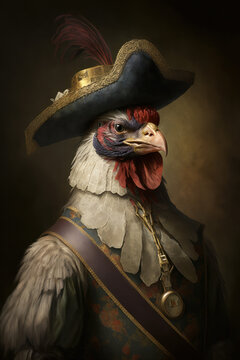 An anthropomorphic chicken in a renaissance painted style. 