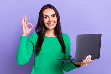 Photo of young business lady show okey sign hold laptop ecommerce deal cheap price online customer...