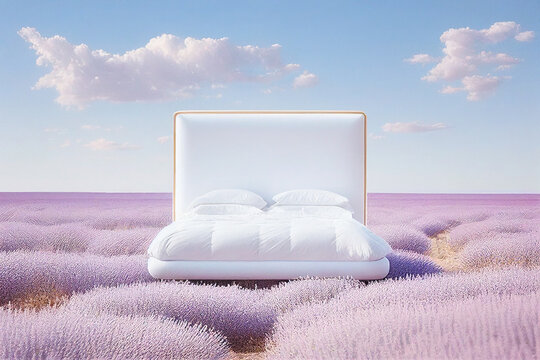 white bed floating in the sky Generative AI