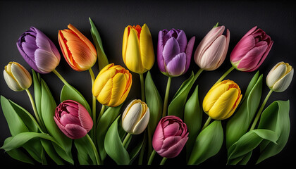 Top view Tulips of different colors are beautiful