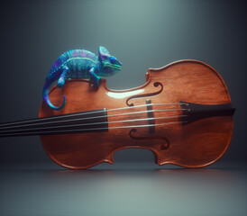 A colorful chameleon sits on a violin. © Orlando Florin Rosu