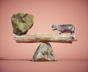 Hippo in balance with a big rock. Mindset and skill concept.