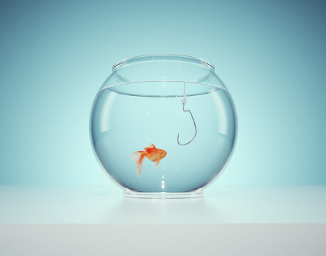 Goldfish looking at a fishing hook. - Powered by Adobe