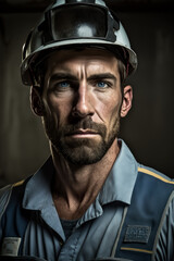 Fototapeta premium Portrait of a Serious Construction Worker in helmet, AI Generative