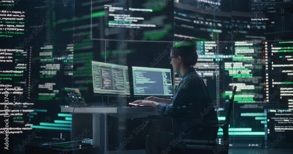 Poster Female Developer Happily Resting After Successfully Typing on Computer a Functioning Back-end Code. Professional Programmer Surrounded by Big Screens Showing Coding Language, Creating Software