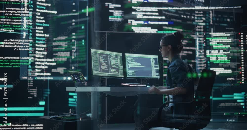 Poster Female Developer Thinking and Typing on Computer, Surrounded by Big Screens Showing Coding Language. Professional Programmer Creating Software, Running Coding Tests. Futuristic Concept of Programming