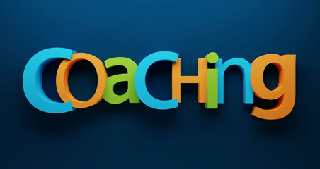 3D render of COACHING colorful typography on dark blue background