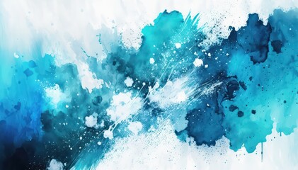 Abstract watercolor background. Blue and white paint splatters. Bright chaotic mono color illustration. Blue and white acrylic wallpaper. Generative AI art.