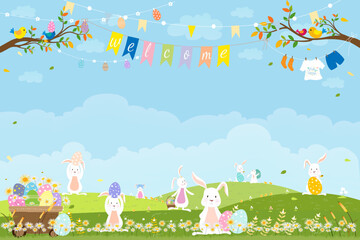 Easter greeting card background, Spring field with Bunny hunting Easter eggs,Vector Cute cartoon Hare Rabbits and honey bees flying in grass field. Spring or Summer time banner with copy space