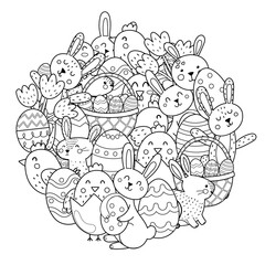 Lamas personalizadas con tu foto Cute Easter bunnies and chicks circle shape coloring page. Doodle mandala with Easter characters for coloring book. Outline background. Vector illustration