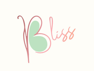 BLISS word mark logo text. Decorative butterfly letter B. Handwritten calligraphy concept. Beauty and style creative initials isolated on light background.