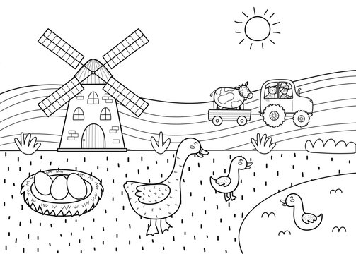 black and white farm scene with windmill and animals clip art preview