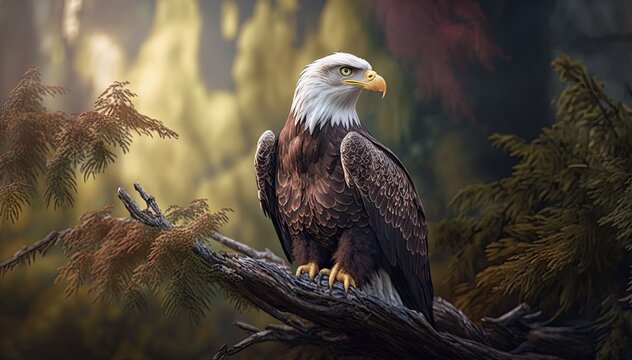 American bald eagle. Wild bird sits on a branch in the forest. Generative AI art.