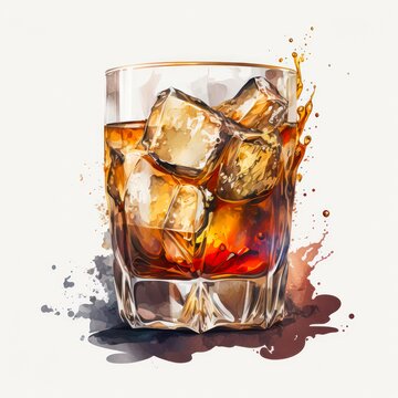 Glass of whiskey with ice. Watercolor illustration of an alcohol drink (bourbon, scotch, brandy, cognac) isolated on white background. Generative AI art.
