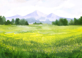 Watercolor landscape with abstract green grass, mountains, distant trees, hand drawn illustration