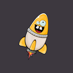 Rocket spaceship character. Cartoon space rocket isolated on space background. Funky spaceship and shuttle character with eyes and mouth. Vector retro space ship clip art, emoji, label and sticker