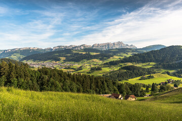 Appenzellerland, view of Appenzell and the Alpstein mountains with Saentis summit and Hoher Kasten, Canton Appenzell Innerrhoden, Switzerland