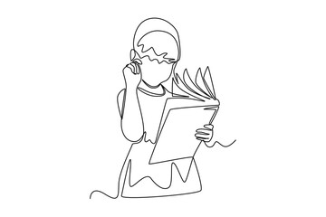 Single one line drawing happy girl reading book. World book day concept. Continuous line draw design graphic vector illustration.