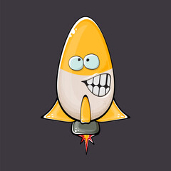 Rocket spaceship character. Cartoon space rocket isolated on space background. Funky spaceship and shuttle character with eyes and mouth. Vector retro space ship clip art, emoji, label and sticker