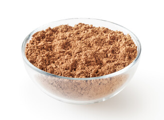 Cocoa powder in glass bowl isolated on white background with clipping path