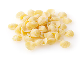Heap of uncooked orecchiette pasta isolated on white background
