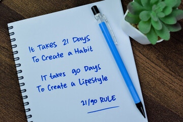Concept of Habit and Lifestyle 21 until 90 Rule with quote write on book isolated on Wooden Table.