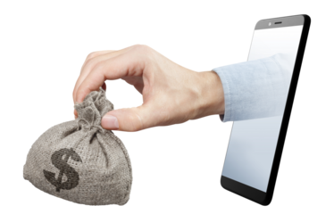 Hand holding a miniature burlap sack full of dollars, sticking out of the smartphone screen, cut out