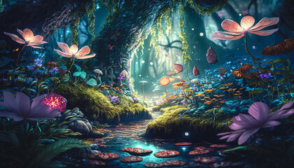 Fototapeta na wymiar Fairy forest with bright plants and flowers, generative AI.