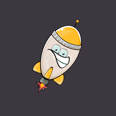 Rocket spaceship character. Cartoon space rocket isolated on space background. Funky spaceship and shuttle character with eyes and mouth. Vector retro space ship clip art, emoji, label and sticker