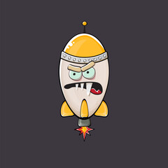 Rocket spaceship character. Cartoon space rocket isolated on space background. Funky spaceship and shuttle character with eyes and mouth. Vector retro space ship clip art, emoji, label and sticker