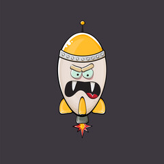 Rocket spaceship character. Cartoon space rocket isolated on space background. Funky spaceship and shuttle character with eyes and mouth. Vector retro space ship clip art, emoji, label and sticker