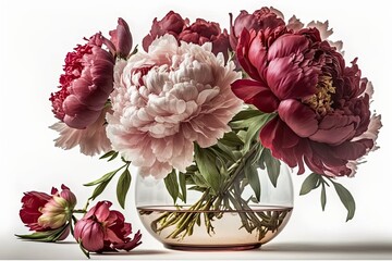 Peonies in a vase with a white background are stunning. Flowers in a marsala hue were drawn. Macro. Design component. Generative AI - obrazy, fototapety, plakaty
