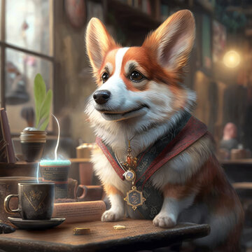 Cute dog having coffee break in cafe, made with Generative AI 