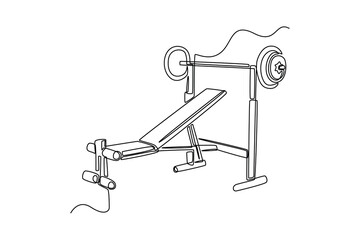 Single one line drawing barbell and fitness stool. Fitness equipment concept. Continuous line draw design graphic vector illustration.