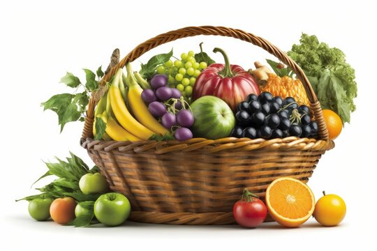 Organic fruits and veggies in a wicker basket, set against a white background. Generative AI