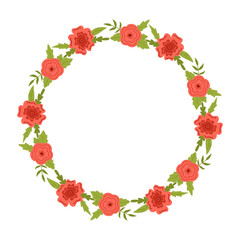 Fototapeta premium Vector wreath with leaves and red flowers. Floral frame for text. Flower round border copy space. Romantic design for greeting cards and invitations. Elegant text template with blossom flowers.