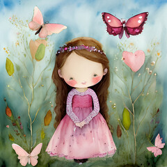 A lovely girl between flowers and butterflies in a meadow. Idyllic scene in kids story book style, muted colors. Ai-generated illustration executed in watercolor technique.